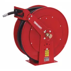 Dual-pedestal gas spring-return hose reel with 35 ft capacity for 1 in I.D. hose. Nickel-plated steel construction, 1 in MNPT inlet, rated to 250 psi. Suitable for air, water, or oil in industrial settings such as maintenance shops and manufacturing lines.