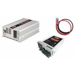 This multi-unit inverter with battery charger converts 10.5 to 15V DC battery power into 120V AC modified sine wave output, with a peak power of 2000 W. The integrated charger accepts 105 to 130V AC input and delivers 13.2V to 14.4V output for recharging batteries. Suitable for powering tools, pumps, or electronics in off-grid or mobile applications such as service trucks and remote job sites.