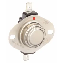 Manual limit switch for HVACR systems, designed to interrupt power when temperatures exceed safe limits. Requires manual reset after tripping, ensuring protection against overheating in heating equipment.