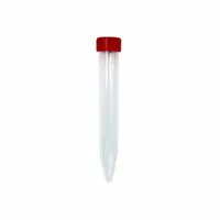 This 15 mL centrifuge tube is made of polystyrene with a natural body and conical bottom. It includes a red closure and is graduated for volume measurement. Used in laboratory centrifugation for separating and pelleting solids from liquids