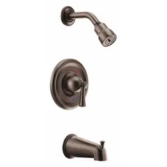 This bathtub spout and fixed showerhead faucet combination is part of the Capstone series. It features a single-function fixed showerhead with a 2.5 gpm flow rate and a single spray pattern. The trim kit has a Bronze finish and an IPS connection type. Suitable for residential and light-commercial bathroom installations.