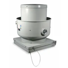 Belt-drive centrifugal upblast roof exhaust fan with drive package. Includes a 14 3/4 in wheel and delivers 3,125 cfm. Operates on 208-230/460V AC with an open dripproof motor, single speed, standard motor efficiency. Unassembled unit with square base for roof mounting. Suitable for kitchen ventilation applications requiring upward exhaust of grease-laden air.