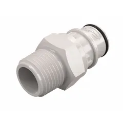 This polysulfone quick-disconnect coupler features a 1/2 in pipe size with a Quick-Disconnect Coupler x NPT connection. Suitable for fluid transfer in industrial systems requiring frequent line changes, such as water, air, or chemical lines.