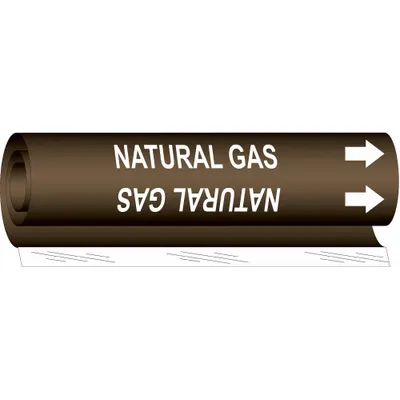 BRADY Pipe Marker: Natural Gas, Brown, White, Fits 1 1/2 to 2 3/8 in Pipe O.D. - Natural Gas Wrap-Around Pipe Markers