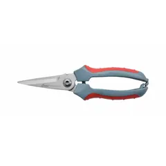 These spring-assisted shears feature an 8 in overall length with straight, pointed titanium-bonded blades. The gray plastic handle is designed for ambidextrous use. Suitable for cutting fabric, paper, and light materials in sewing, textile, and craft applications.