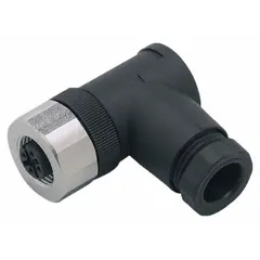 Field-wireable M12 circular connector with A coding for signal, low-power, and gigabit data applications. Features a 4-pole socket, 90° angle body, screw terminals, gold-plated contacts, and polyester housing. Rated 70V DC with IP68 protection for use in industrial automation and sensor networks.