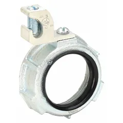 Zinc-plated iron grounding bushing with insulated throat for use with heavy-wall RMC and medium-wall IMC metal conduit. Features a 1-1/2 in NPS threaded female connection and includes a clamp. CSA certified. Used to provide a grounded connection between conduit and enclosures in electrical systems.