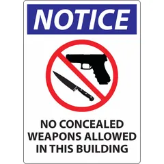 This adhesive-mounted sign displays a notice prohibiting concealed weapons. Made of plastic, it measures 14 inches by 10 inches and is not retroreflective or glow-in-the-dark. Suitable for posting at building entrances or other visible locations.