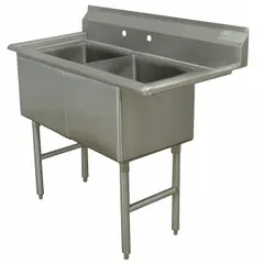 This two-bowl freestanding sink is designed for commercial kitchens and bar areas, providing ample space for washing, soaking, and rinsing tasks. With overall dimensions of 43 in height, 53 in length, and 29 1/2 in width, it offers a sturdy work surface. Faucets are not included, allowing customization based on specific needs.