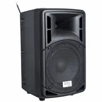 This wireless public address system is designed for voice amplification in indoor and outdoor settings such as presentations, announcements, and events. It measures 11 inches wide, 17 inches tall, and 11 inches deep, and operates on a 12V power supply