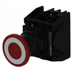 The EATON E34EX714R is a 30 mm metallic mushroom-head push button operator with maintained/maintained action and 1NO/1NC contacts. It is rated 10 A at 600 V AC and 5 A at 250 V DC, non-illuminated. Suitable for industrial control panel applications requiring a maintained latching function, such as emergency stop or machine control.