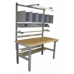 Particleboard-top packing table with 750 lb weight capacity. Gray unfinished finish. Includes 60-inch uprights. Tabletop height adjustable from 30 to 36 inches. Suitable for packing, assembly, and light-duty workstation applications in warehouses and distribution centers.
