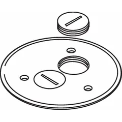 Round brass floor box cover with a brushed gold finish. Designed to conceal and protect electrical outlets or data connections installed in a floor box, providing a flush-mount solution for commercial or residential spaces.