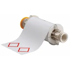 White vinyl label roll with two red GHS/CLP diamonds and no legend, allowing custom text. Measures 6 3/32 in x 8 19/64 in with acrylic adhesive. Compatible with BBP85 printer series. Used for chemical hazard identification and labeling on drums, containers, and secondary vessels.