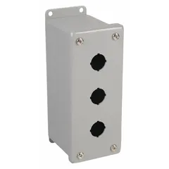 Carbon steel enclosure with three holes for 22mm push button operators. Rated NEMA 12 for indoor protection against dust and water droplets. Suitable for industrial control panels and machine shops.