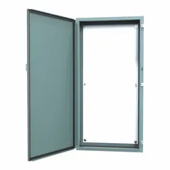 Steel enclosure rated NEMA 12/13 for protection against dust, dirt, and non-corrosive liquids. Measures 48 x 24 x 8 inches with a solid hinged cover and included panel. Closure via clamps; no knockouts provided. Suitable for housing electrical controls and instruments in industrial environments.