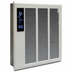 This large recessed electric wall heater delivers 4000 W of heating power on 240V AC single-phase supply. It features a 5-2 programmable thermostat for scheduled temperature control. The unit has a white grille and rough-in dimensions of 18-1/4 in x 14-3/8 in x 3-1/2 in. Suitable for primary or supplemental heating in commercial and industrial spaces such as workshops and warehouses.