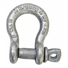 This CROSBY anchor shackle is designed for heavy lifting and rigging applications, with a working load limit of 42,000 lb. The silver-finished shackle features a 2 1/4 in width between eyes, providing a secure connection point for chains, slings, or cables in overhead lifting and towing operations.