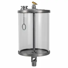 This standard drip-feed oiler features a 19 oz plastic reservoir with a 1/2" thread size and 1/2" NPTF mounting thread. It provides controlled lubrication delivery to bearings, chains, and moving parts in industrial equipment.