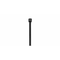 Black nylon cable ties, 11.8 inches in length, rated for outdoor use. Suitable for bundling and securing wires, cables, and hoses in industrial environments. Pack of 100.