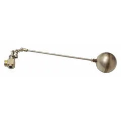 This float valve assembly automatically controls water levels in tanks, reservoirs, and cooling towers. It features a bronze angle valve body with female NPT connections on both sides, a cylindrical float and rod included, and an adjustable arm for horizontal piping. Flow rate is 30 gpm at 60 psi, with a rod thread of 1/8" NPT.