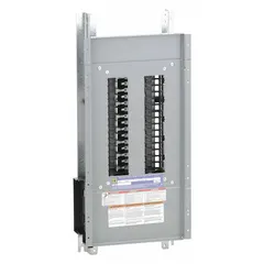 This 225 A main lug convertible panel interior features a copper bus and accepts QHB, QOB, and QOB-VH circuit breakers. It measures 27 inches in height and 10 7/16 inches in width, providing 30 spaces for branch circuit breakers in electrical distribution systems.