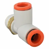 Polybutylene and brass push-fit tee fitting with 1/8 in pipe thread and two 1/4 in OD tube connections. Overall length 34 3/16 mm, white finish. Used to branch pneumatic tubing lines in industrial automation, packaging, and material handling systems