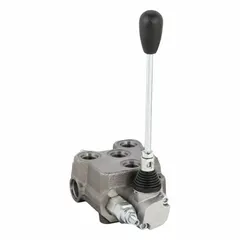 This manual spool monoblock valve features a four-way, three-position open-center design with spring return to neutral. It is used to control the direction of hydraulic fluid in mobile or industrial equipment, suitable for single-acting or double-acting cylinder and motor applications.