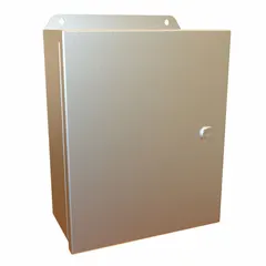 This stainless steel enclosure measures 10 x 8 x 4 inches and carries NEMA 12/13/3R/4/4X ratings for protection against dust, water, and corrosion. It includes an inner panel and uses latches for closure; knockouts are not provided. Suitable for indoor or outdoor use in environments requiring corrosion resistance.