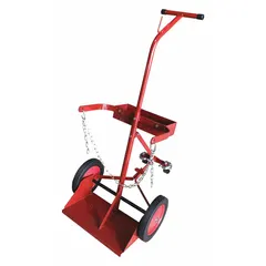 Side-by-side two-cylinder hand truck with a 17 in wide by 7 in deep nose plate and chain securing mechanism. Red finish. Designed for transporting welding gas cylinders in industrial and fabrication settings.