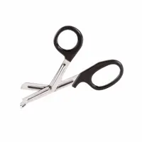 These trauma shears feature a stainless steel serrated blade for cutting through clothing, bandages, and soft materials. The black plastic handles provide a secure grip, and the 7 1/2 in overall length offers leverage for controlled cuts. Reusable design suitable for emergency medical settings