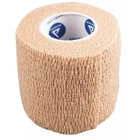 Non-sterile, self-adhering bandage roll for securing dressings or providing light compression. Measures 2 inches wide by 5 yards long, beige color, latex-free, and not water resistant. Supplied in a box of 36 rolls without fasteners