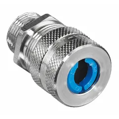 Straight metallic cable grip with aluminum body, M30 box connection, and yellow color-coded grommet. Accepts cables 0.63 to 0.75 inches in diameter. Rated IP66 for dust and water ingress protection and Class I, Division 2 for hazardous locations. Suitable for securing and sealing cables in industrial enclosures, motors, and control panels.