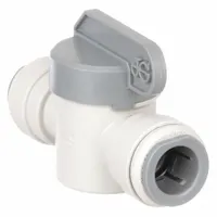 Manual two-way ball valve with 1/2 inch push-fit connections on both ends. Acetal body in straight configuration. NSF 51 certified for potable water systems. Used for on/off flow control and isolation in low-pressure fluid applications