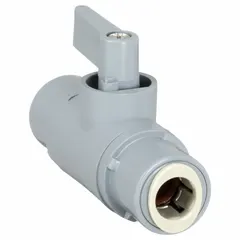 This manual two-way ball valve is made of PVC with a straight, full port design. It features push x push connections and a wedge handle for on/off flow control. Suitable for use in PVC piping systems handling water, chemicals, or air where corrosion resistance is required.