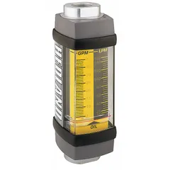 This inline variable area flowmeter from HEDLAND measures flow rates of petroleum fluids in liters. It features a scale display, Viton seals and O-rings, and universal mounting orientation. Accuracy is +/-2%. Connections are NPTF. Suitable for industrial hydraulic and lubrication systems.