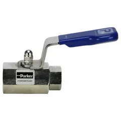 This Parker two-piece straight-body ball valve features a 316 stainless steel construction with 1/2 inch female NPT ends. The lever handle provides manual on/off and flow control. Suitable for use in industrial piping systems handling corrosive fluids or requiring high purity.