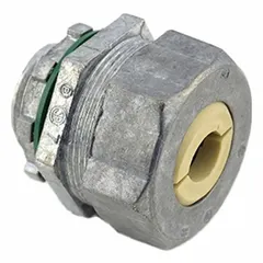 Straight metallic cable grip with 3/4 in NPT box connection, accommodating cord diameters from 0.50 in to 0.63 in. Body is zinc alloy with silver finish, length from box to end of connector is 1 in. Not rated for hazardous locations, no color-coded grommet. Used to secure and protect electrical cables entering junction boxes in industrial wiring applications.