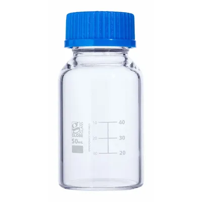 GLOBE SCIENTIFIC Media Bottle: 50 mL, Screw-On, GL32, 87 mm, Colorless, Closure Included - Glass Lab Media Bottles