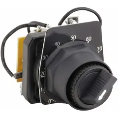 This 30 mm panel-mounting potentiometer features a metallic black bezel and standard knob style. It includes a dial plate for precise adjustment and has a maximum resistance rating of 5,000 ohms. Suitable for use in industrial control panels and operator stations for voltage, current, or signal level adjustments.