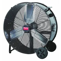 This mobile floor fan from Dayton features a 42-inch blade diameter and a 3/4 hp direct-drive motor. It operates on 115V AC and is housed in a steel frame. Suitable for air circulation and ventilation in large workshops, warehouses, and factories.