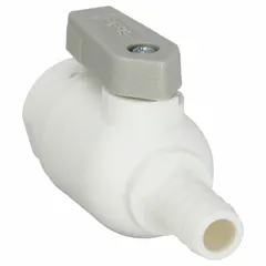 This Parker polypropylene ball valve features a straight, one-piece body with push x barb connections and a lever handle for manual operation. It is used to start, stop, or redirect flow in low-pressure fluid handling systems. Suitable for water treatment, chemical processing, and industrial plumbing applications.