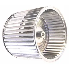 This YORK dual-inlet forward-curved blower wheel is constructed from steel with a tacked center. It has a 9-inch diameter, 8-inch width, and a 1/2-inch bore. Designed for use in HVAC air-handling systems, it moves air across heat exchangers or cooling coils in compatible York equipment.