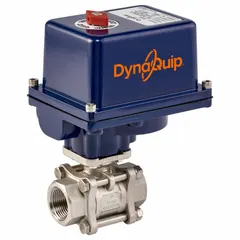 This electrically-actuated two-way ball valve features a stainless steel body and operates on 115V AC. It includes an ISO 5211 actuator mounting pad and thermal overload protection. Used in industrial piping systems for automated flow control, such as in water treatment, chemical processing, or HVAC applications.