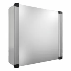 This RITTAL HMI enclosure measures 23.6 inches wide by 23.6 inches tall by 8.3 inches deep, with a Type 1/12 rating. It features a 130 mm support arm connection for mounting on machinery. Suitable for housing human-machine interface components in industrial automation and control applications.