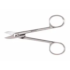 All-metal scissors with serrated steel blades and a silver finish. Overall length of 4 1/4 inches. Suitable for cutting filament, cable ties, tape, and light wire insulation in electrical and general maintenance tasks.