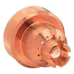 This shield-type consumable is designed for Hypertherm T100/100M/100M-2 handheld plasma torches rated at 100 A. It protects the torch nozzle and directs the plasma arc during cutting operations. Suitable for metal fabrication and repair applications.