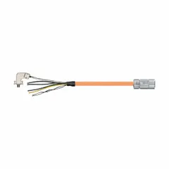 This 20 ft servo hybrid cable cordset features a PUR orange jacket and conductor configuration of (4xAWG10)+(2xAWG17)+(1PRxAWG22). Designed for use with Allen-Bradley-style servo drives and motors, it transmits power and feedback signals in industrial automation and robotics applications.