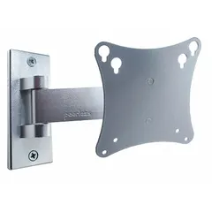 Full motion television mount for wall installation, accommodating screens from 10 to 29 inches with a maximum weight capacity of 25 lb. Offers 90° swivel and 35° down tilt. Constructed from steel with a gloss black finish. Includes mounting hardware.