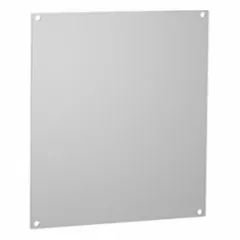 Steel back panel for interior mounting within enclosures. Provides a rigid mounting surface for securing electrical equipment such as terminal blocks, relays, and power supplies. Overall height 12.75 in, overall width 6.88 in.